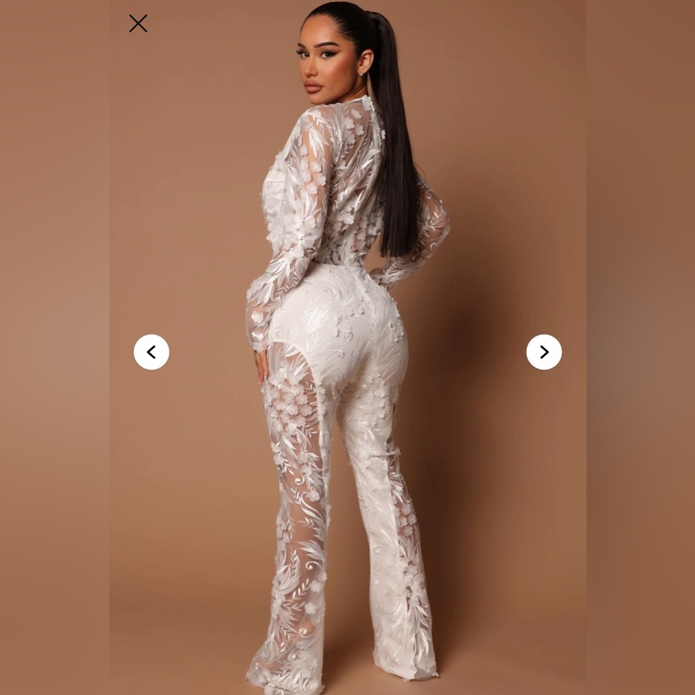 Fashion Nova Chantal White Sheer Lace Jumpsuit - Picture 2 of 7